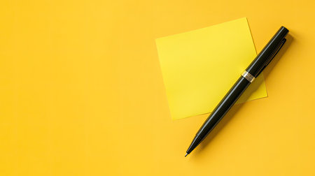 Clean yellow background with a yellow sticky note, with a black pen placed beside itの素材