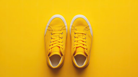 Minimalist yellow background featuring a pair of yellow sneakers, neatly positioned and stylishの素材