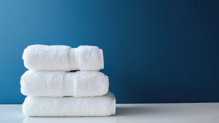 Bright indigo background with a stack of white towels, neatly arranged and softly litの素材