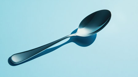Blue background with a single silver spoon, placed diagonally and casting a soft shadowの素材