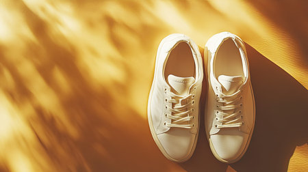 Minimalist golden background with a pair of white sneakers, neatly placed and softly litの素材