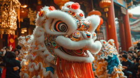 A vibrant lion dance performance at a temple, with the lion bringing good luck and prosperity for the Lunar New Yearの素材