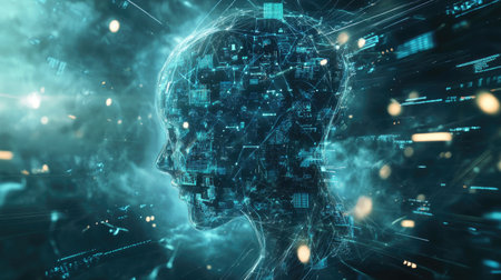 A digital AI construct floating in a void, surrounded by streams of glowing data and cybernetic patternsの素材