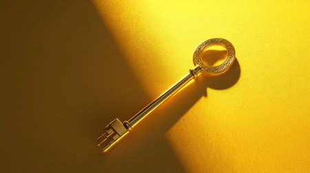 Bright golden background with a single gold key, centered and shining, casting a soft shadowの素材