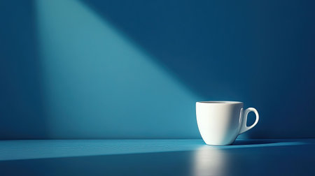 Bright indigo background with a single white coffee cup, centered and softly shadowedの素材