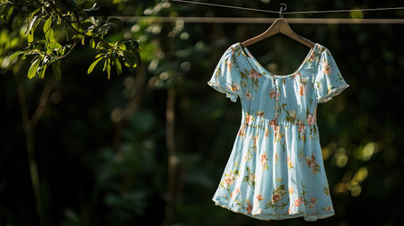 A light blue floral-patterned dress hanging on a clothesline, gently swaying in the breezeの素材