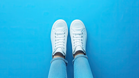 Bright blue background with a pair of white sneakers, centered and stylishly positionedの素材