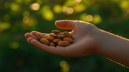 A hand holding a handful of raw almonds against a blurred green nature backgroundの素材