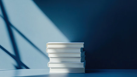 Indigo background with a small stack of white books, neatly arranged and softly shadowedの素材