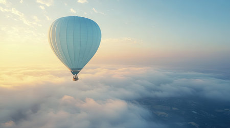 A light blue hot air balloon floating peacefully in the sky at sunriseの素材