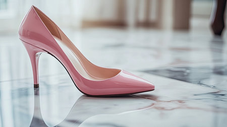 A close-up of a pink high heel shoe placed elegantly on a marble floorの素材