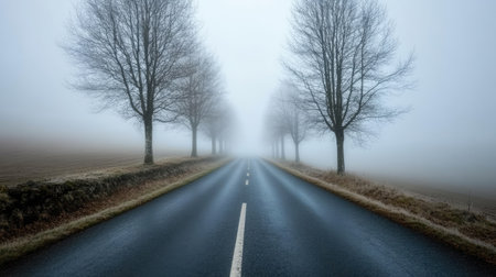 A grey foggy road stretching into the distance, lined with bare treesの素材