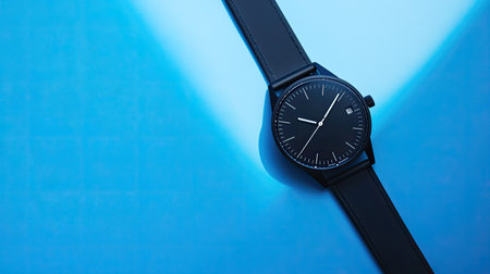 Minimalist blue background featuring a sleek black watch, perfectly placed and shadowedの素材