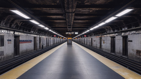 A grey subway station with empty platforms and dim overhead lightsの素材