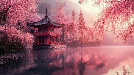 A peaceful pagoda nestled among cherry blossom trees in full bloom, with soft light creating a dreamy atmosphereの素材
