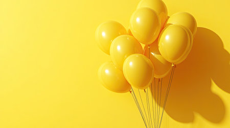 Clean yellow background featuring a bunch of yellow balloons, floating and casting soft shadowsの素材