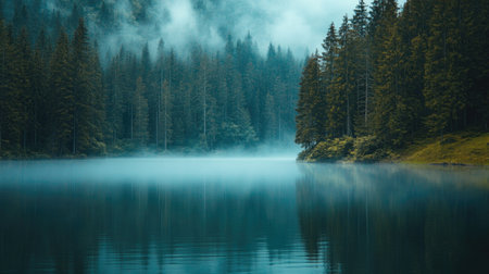 A light blue fog rolling in over a calm lake surrounded by pine treesの素材