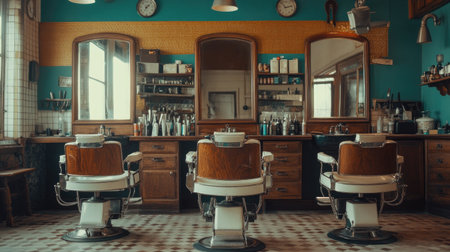 Empty barbershop with vintage chairs and mirrors, neatly arranged tools, classic decorの素材