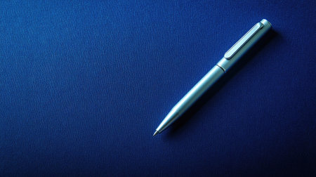 Indigo background with a single silver pen, placed diagonally and softly shadowedの素材