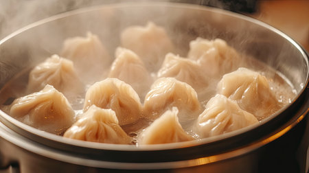 A close-up of a steaming pot of dumplings being prepared for a Lunar New Year meal, symbolizing wealth and unityの素材