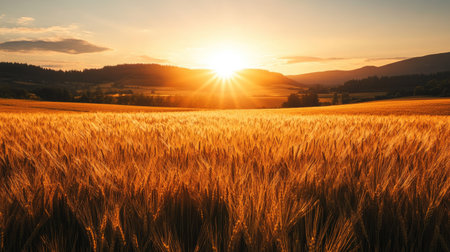 A golden wheat field at sunset, with the sun casting long shadows across the landscapeの素材