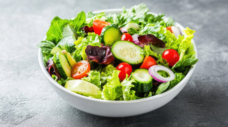 A fresh green salad with various vegetables in a white bowlの素材