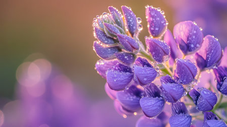 A close-up of a purple lupine flower with dewdrops, captured in the early morning lightの素材