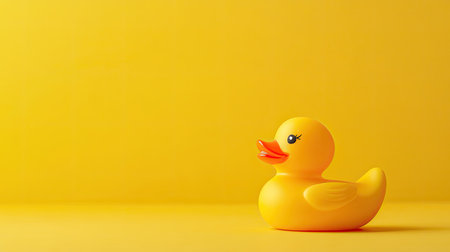 Bright yellow background with a small yellow rubber duck, placed off-center and playfulの素材