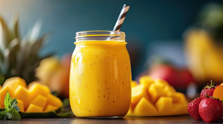 A yellow smoothie in a glass jar with a striped straw, surrounded by fresh fruitsの素材