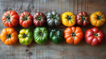 Heirloom tomatoes in various colors and shapes, arranged on a rustic tableの素材