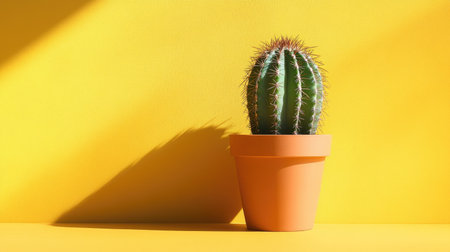 Bright yellow background with a small potted cactus, centered and casting a subtle shadowの素材