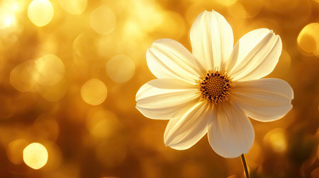 Bright golden background with a single white flower, centered and softly litの素材