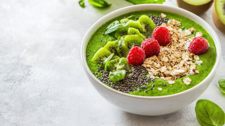 Green smoothie bowl on white countertop, healthy breakfast, fresh ingredients, clean setupの素材