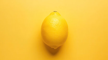 Bright yellow background with a single ripe lemon, positioned neatly in the centerの素材