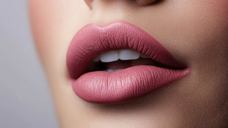 A close-up of rose-colored lipstick applied on soft, full lips, creating a flawless finishの素材