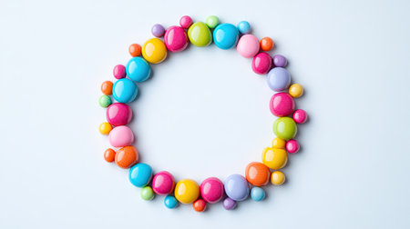 A creative circle graph made with colorful candies arranged on a white backgroundの素材