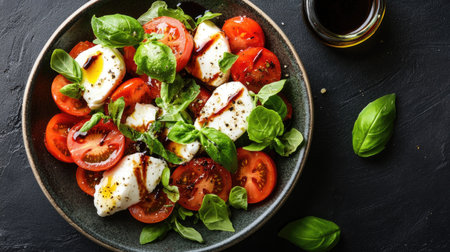 Top view of a tomato and mozzarella salad, drizzled with olive oil and balsamic vinegarの素材