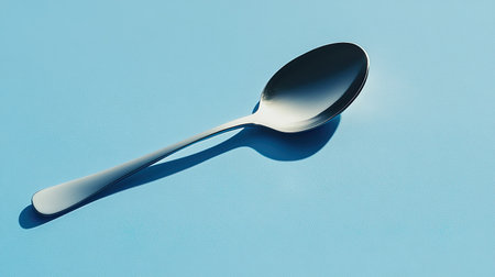 Blue background with a single silver spoon, placed diagonally and casting a soft shadowの素材