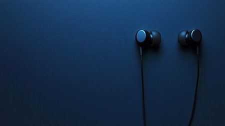 Minimalist indigo background with a pair of black earbuds, neatly positioned and softly shadowedの素材