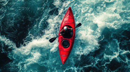 A dynamic shot of a red kayak navigating through whitewater rapidsの素材