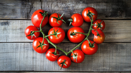 Fresh tomatoes arranged in a heart shape on a wooden backgroundの素材