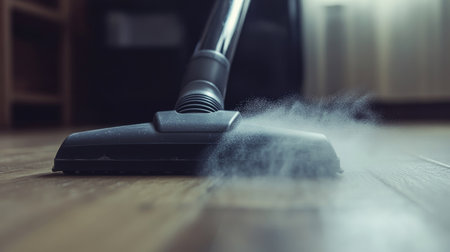 A close-up of a vacuum cleaner's nozzle on a hardwood floor, picking up dustの素材