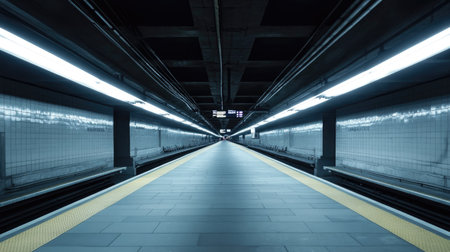 A grey subway station with empty platforms and dim overhead lightsの素材