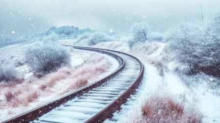 Snowfall over a scenic railway track winding through a snowy landscapeの素材