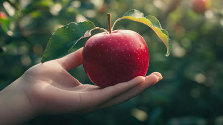 A close-up of a hand holding a red apple against a vibrant green orchard backgroundの素材