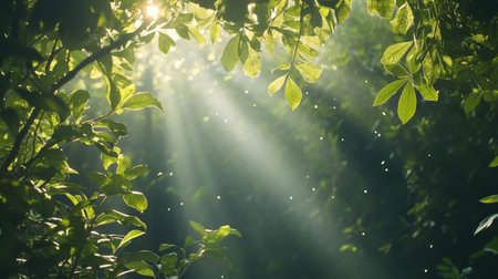 A lush green forest canopy with sunlight filtering through the leavesの素材