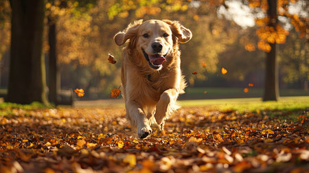 A golden retriever running through a park, with autumn leaves scattered on the groundの素材