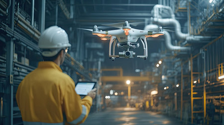 A drone performing an automated inspection of an industrial site, highlighting the mechatronic control systems at workの素材