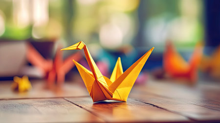 A yellow origami crane sitting on a wooden desk, with other colorful cranes in the backgroundの素材