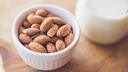 Almonds in a white bowl, with a jug of milk and a breakfast setupの素材